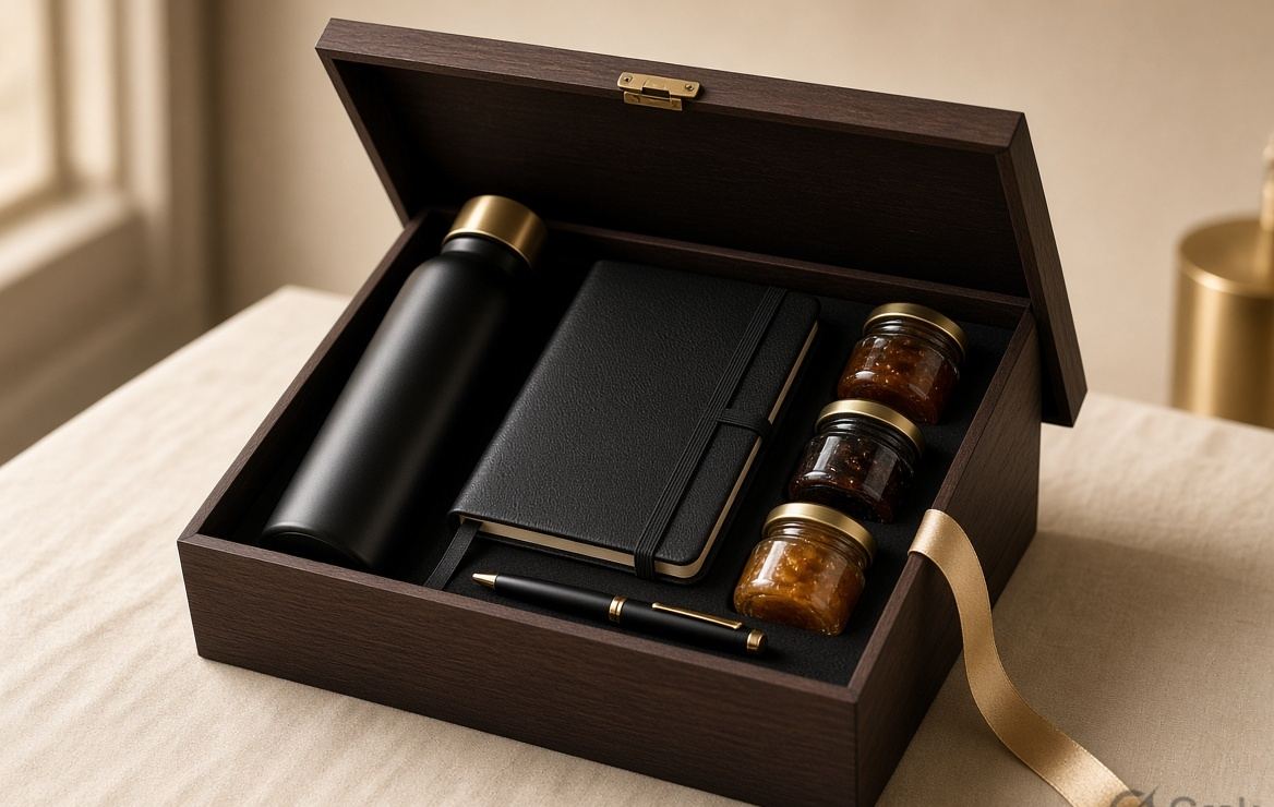 Premium wooden executive gift hamper with flask, notebook and preserves