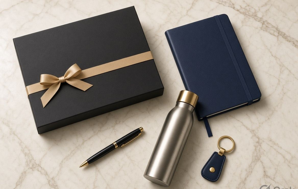 Executive gift set with box, notebook, bottle and keychain