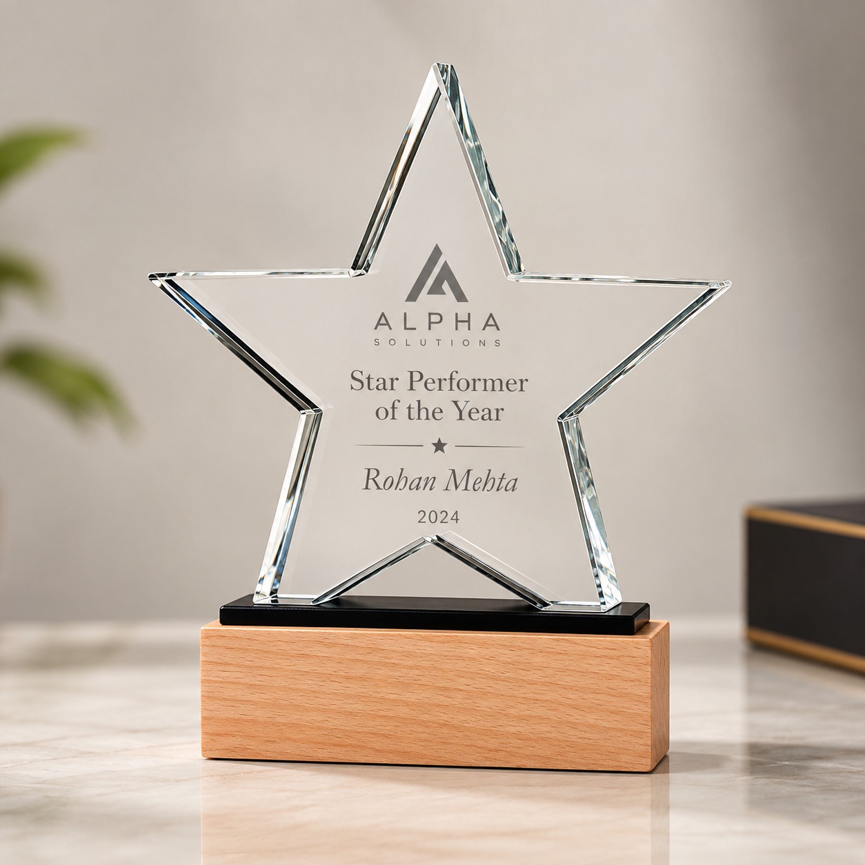 Crystal star corporate trophy with wooden base, customised with sample award details